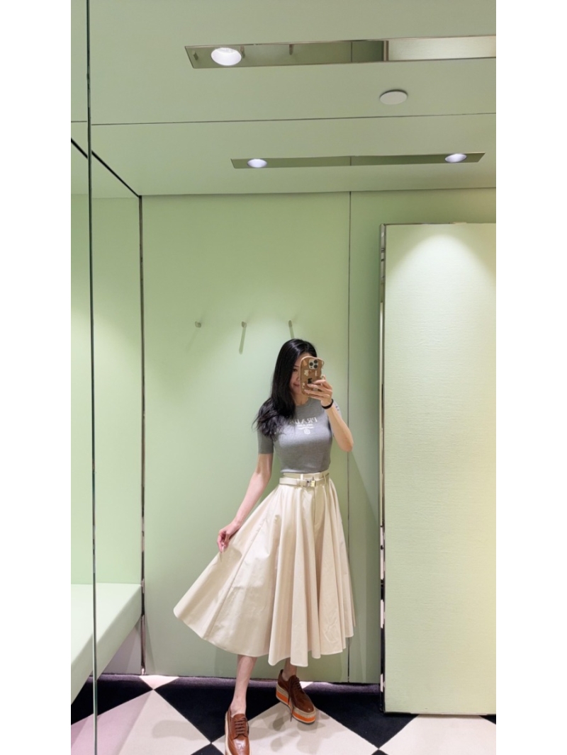 Prada Early Fall Belted Waist Casual Umbrella Skirt in Cream - Luxe Canvas Fabric with Signature Triangle Logo