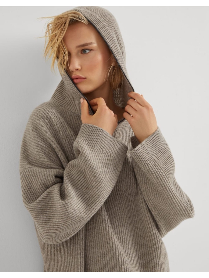 Brunello Cucinelli Exclusive Zip-Up Hooded Cashmere Knit Sweater with Beaded Detail