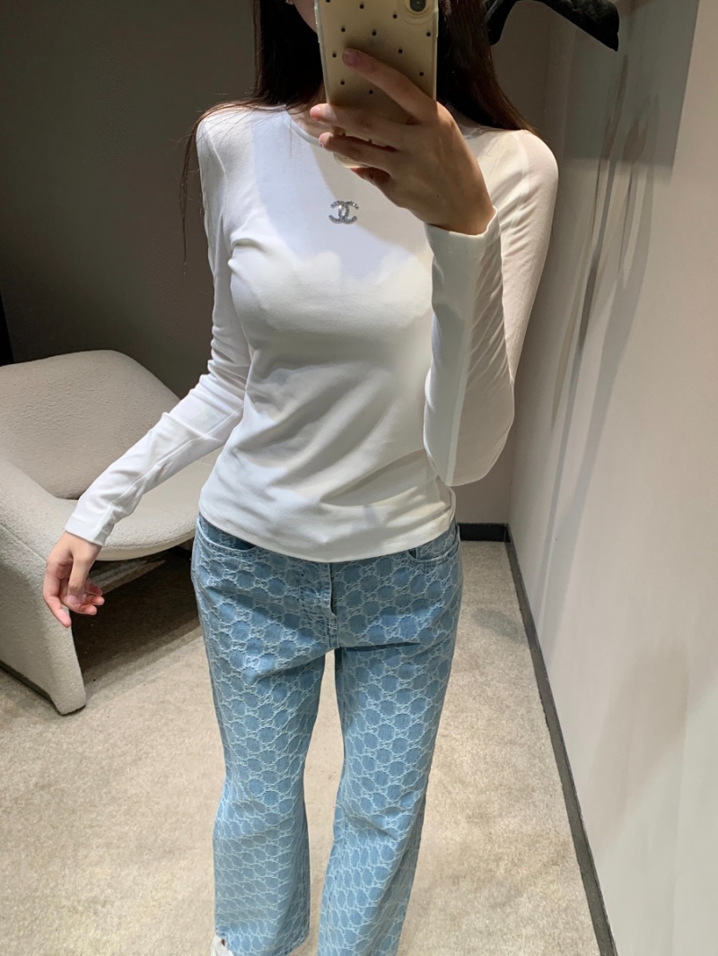 Chanel Long-Sleeved Mesh-Paneled T-Shirt in White with Signature CC Logo