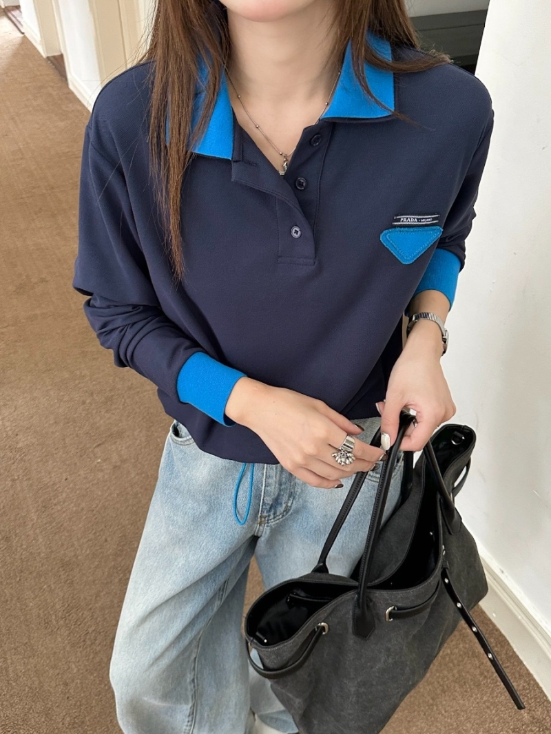 Prada Long-Sleeve Polo Shirt in Navy Blue with Royal Blue Contrast Details | Cropped Hem & Drawstring | S/M/L