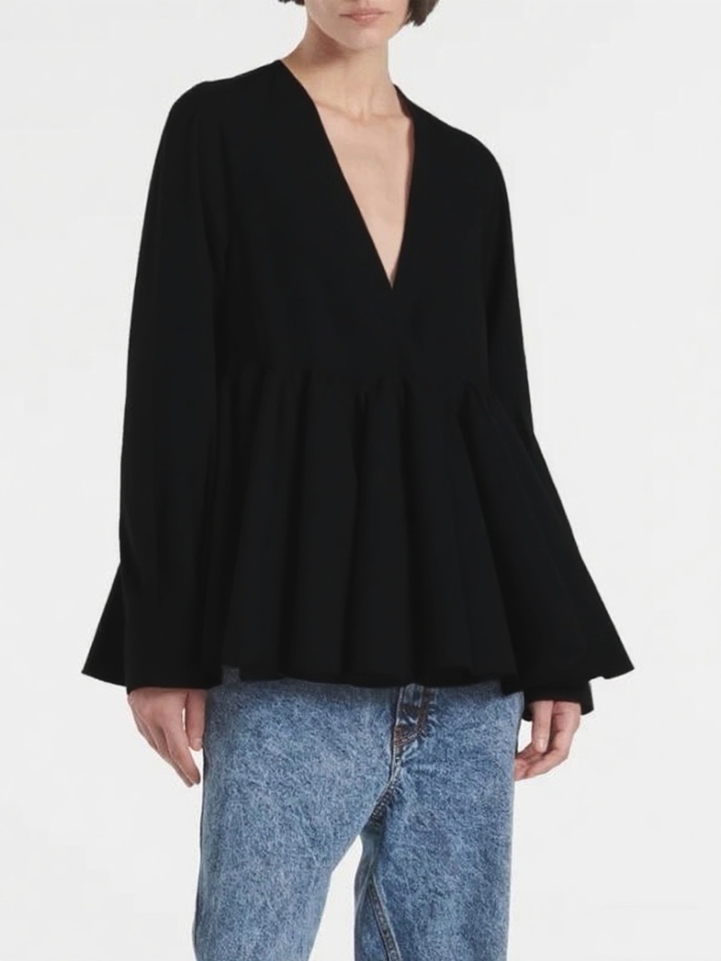 Alaia Women's Deep V-Neck Pleated Blouse, Exquisite Cotton Poplin, Luxe A-Line Silhouette, White & Black