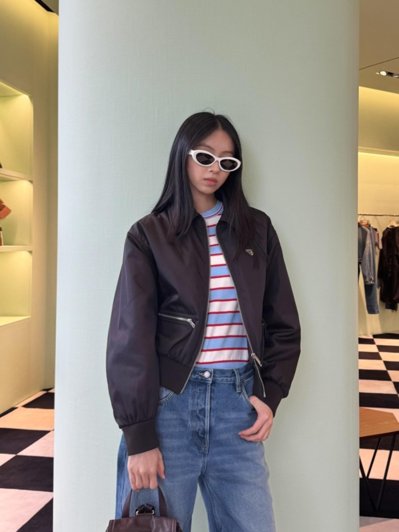 Prada Women's Deep Brown Zip-Up Collar Waist-Defined Nylon Jacket | Exquisite Tailored Fit, Luxe Lightweight Fabric, Couture-Inspired Design