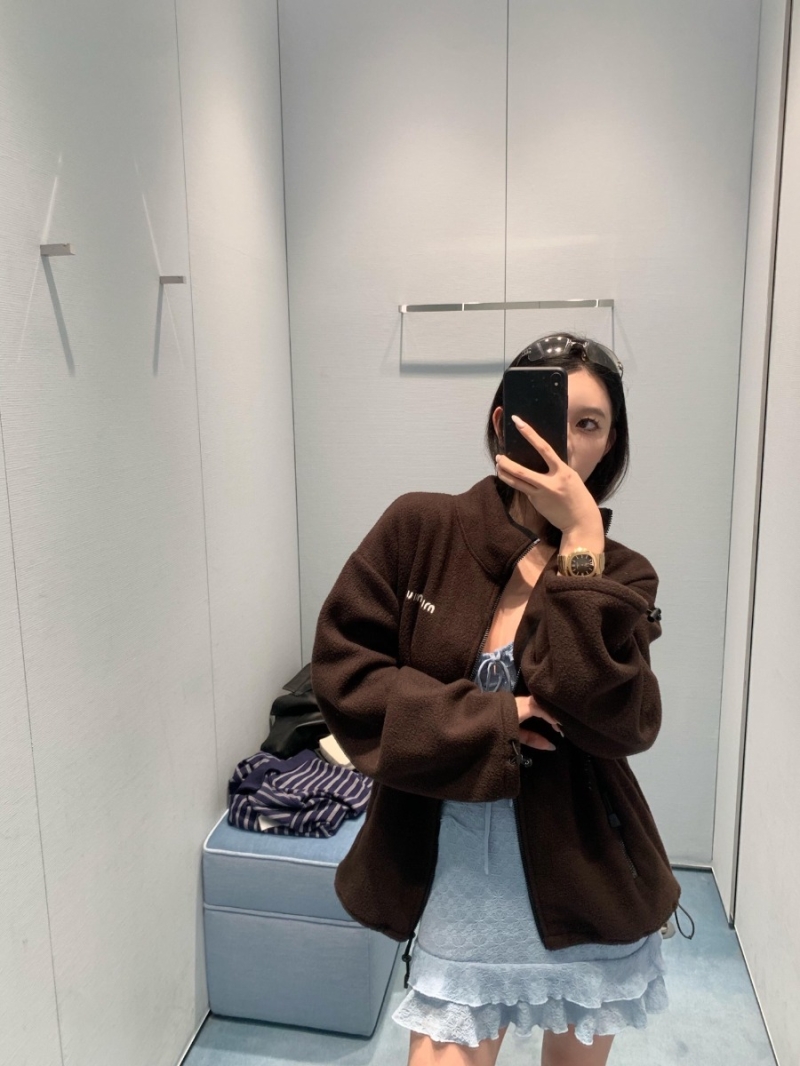 Miu Miu Chocolate Brown Fleece Zip-Up Stand Collar Jacket | Embroidered Logo, Relaxed Fit, Made in Italy