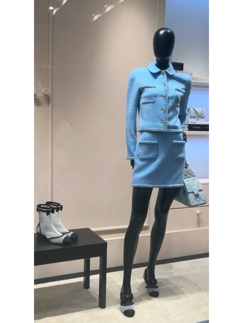 Chanel Women's Sky Blue Tweed Jacket - Exquisite Short Cropped Design with Metal Buttons, Tailored Fit, Luxe Fabric, French Chic Style