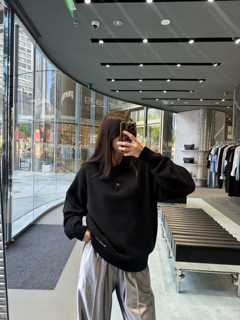 Alexander Wang Black Collared Knit Polo Sweater | Custom Wool Blend, Embroidered Logo, Relaxed Fit