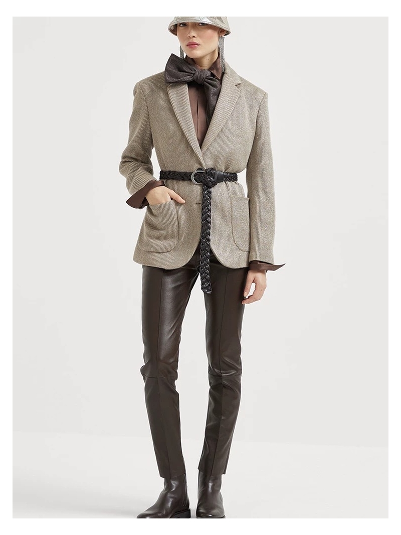Brunello Cucinelli Early Autumn Knitted Blazer with Brass Chain Detailing and Woven Belt