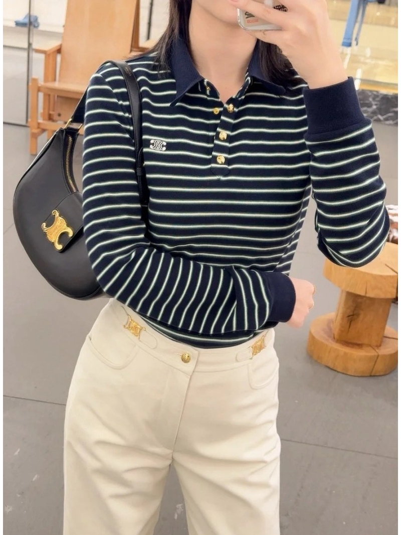 Celine Exclusive CE Striped Long Sleeve Polo Shirt - Custom Green, White & Blue Stripes with Arc de Triomphe Metal Buttons