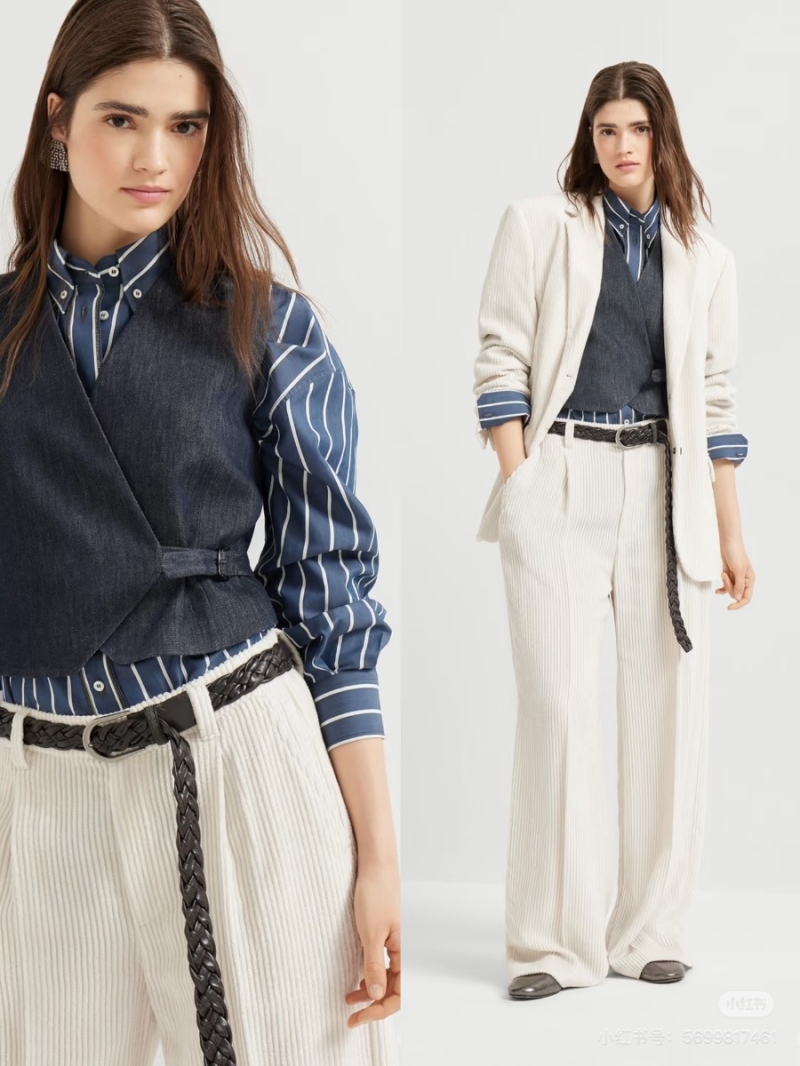 Brunello Cucinelli Exclusive High-Waist Cream Corduroy Trousers - Luxe Heritage Style with Hand-Beaded Detail