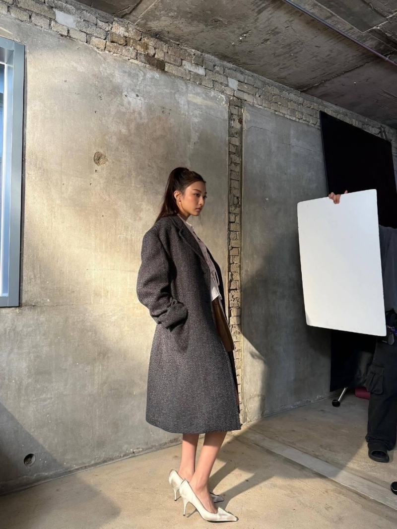 Prada Oversized Herringbone Wool Coat in Dark Gray