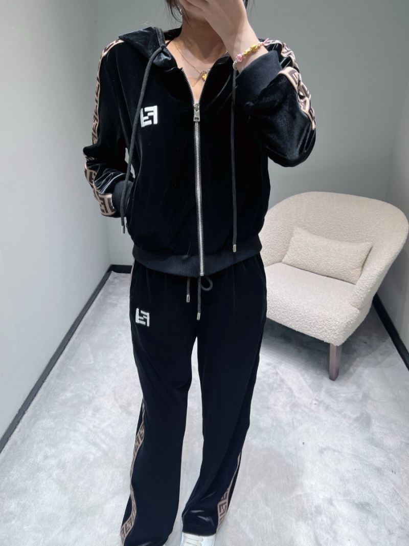 Fendi 25FW Hooded Track Suit in Black: Premium Velvet-Like Fabric with Signature FF Motif