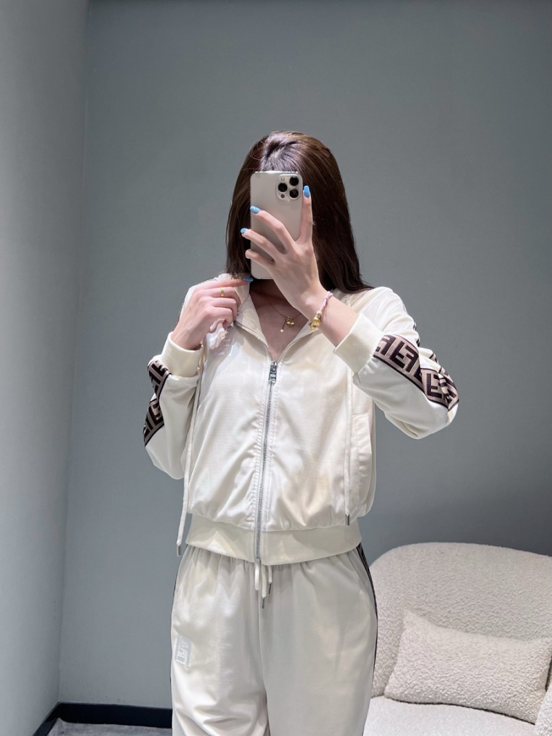 Fendi Hooded Zip-Up Jacket and Pants Set in Cream
