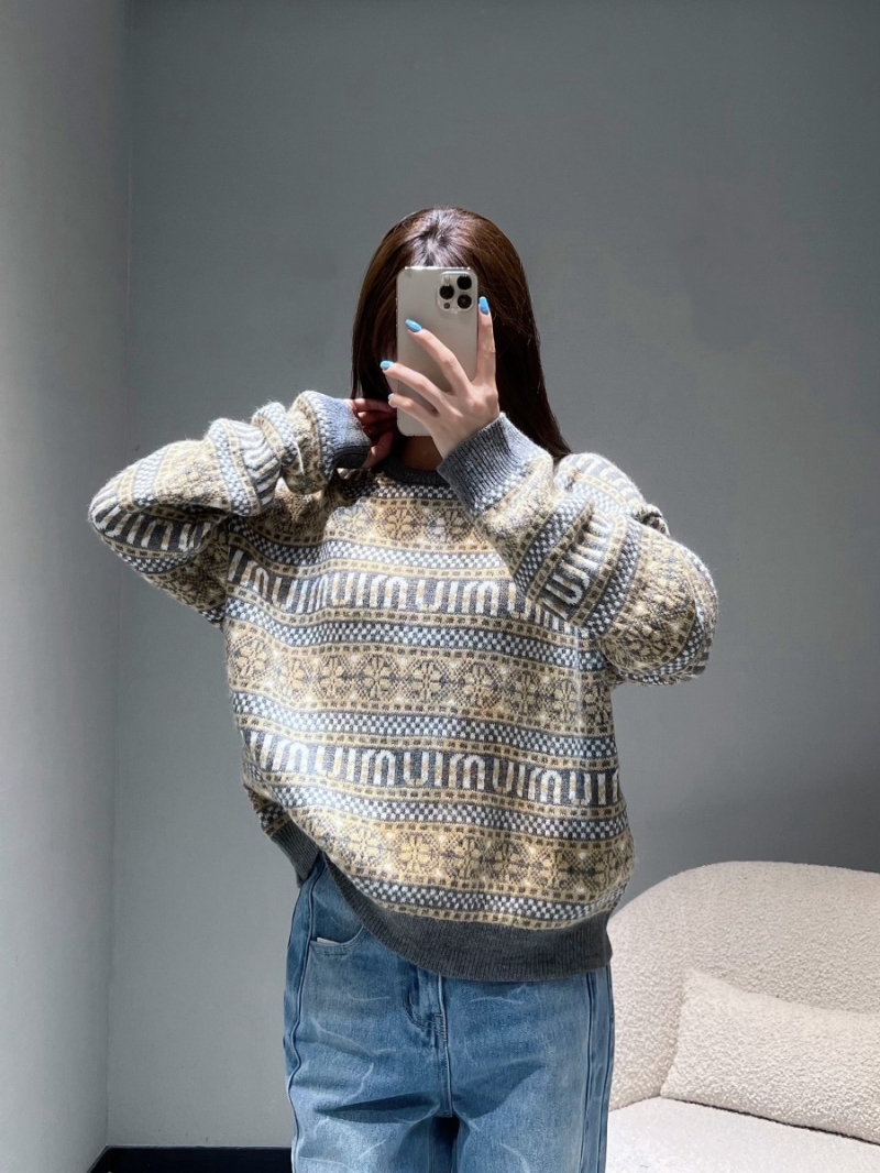 Miu Miu Grey Fair Isle Knit Sweater | Luxe Oversized Pullover with Vintage-Inspired Pattern