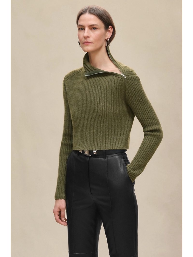 Hermes Ribbed Cashmere Sweater in Olive Green with Front Zipper