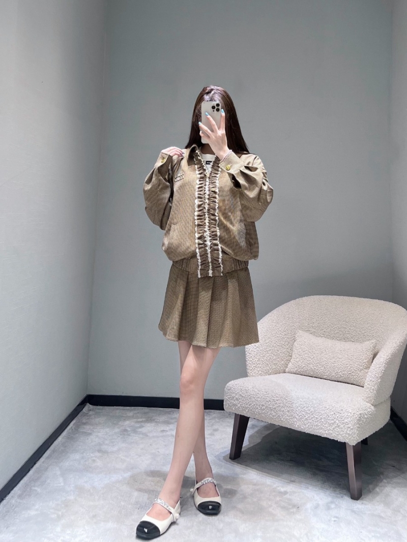 Miu Miu 2025SS Early Autumn Reversible Houndstooth Blouse Set - Brown & White