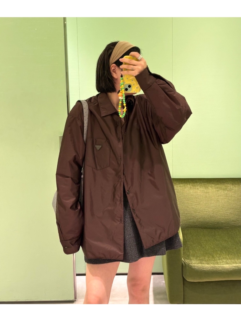 Prada Re-Nylon Shirt Jacket in Caramel Brown | Luxe Unisex Oversized Fit with Enamel Logo