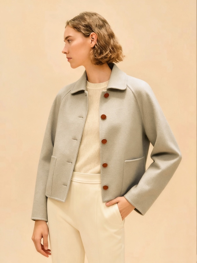 Hermès Limited Edition Imported Cashmere Double-Faced Wool Coat in Grey, Notch Lapel Raglan Sleeve Design