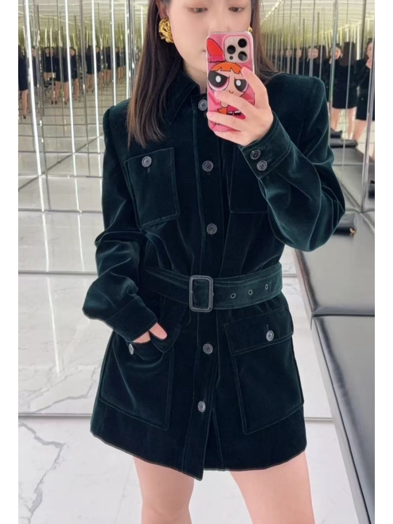 Saint Laurent YSL Gem Green Velvet Safari Jacket with Belt