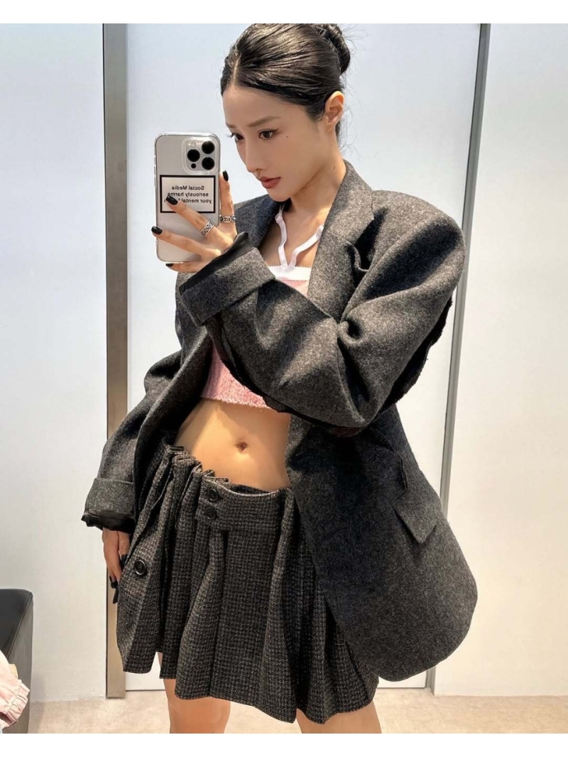 Prada Early Fall Wool Mini Skirt in Black with Check Pattern - High-Waisted A-Line with Decorative Buttons & Pleats