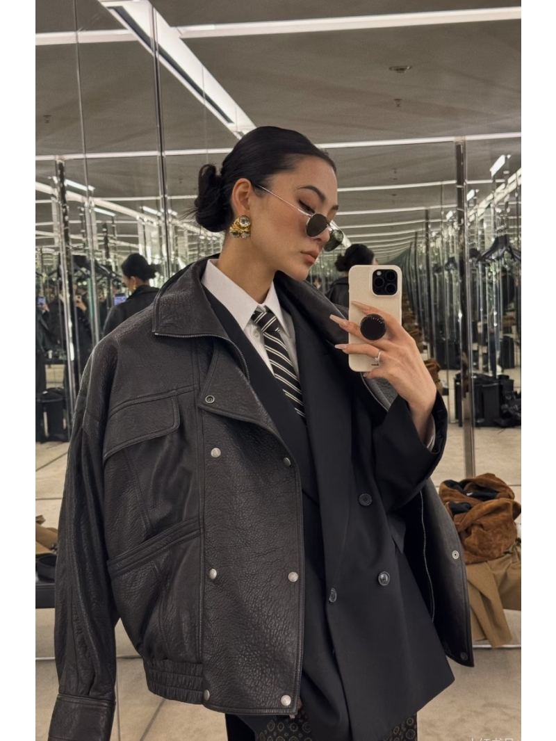 YSL Saint Laurent Limited Edition SLP Fall/Winter Retro Modern Bubble Grain Leather Jacket in Black