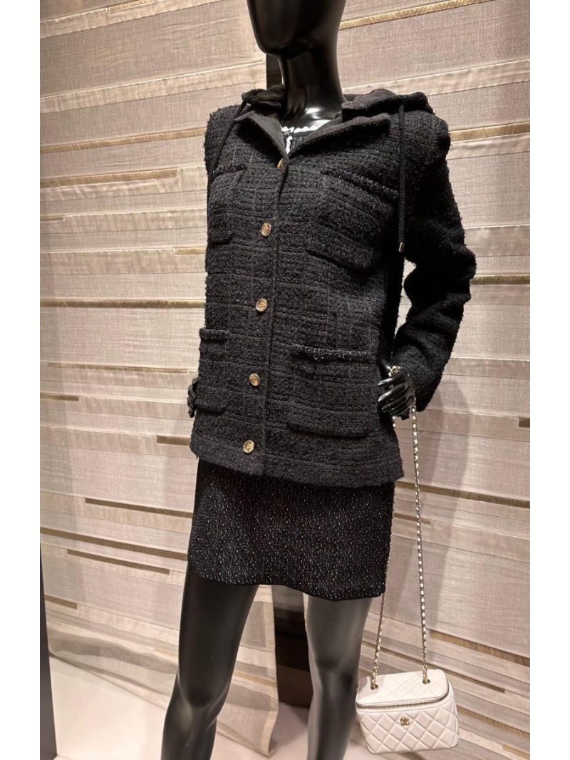 Chanel Women's Mid-Length Tweed Hooded Coat, 100% Pure Silk Lining, Detachable Hood, Custom Gold Buttons, Black, Artisan-Crafted, Couture-Inspired