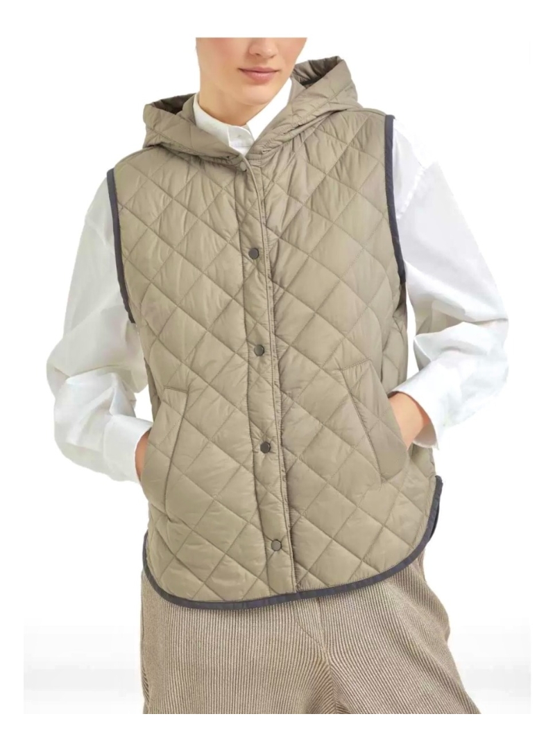 Brunello Cucinelli Diamond Quilted Hooded Vest in Cream