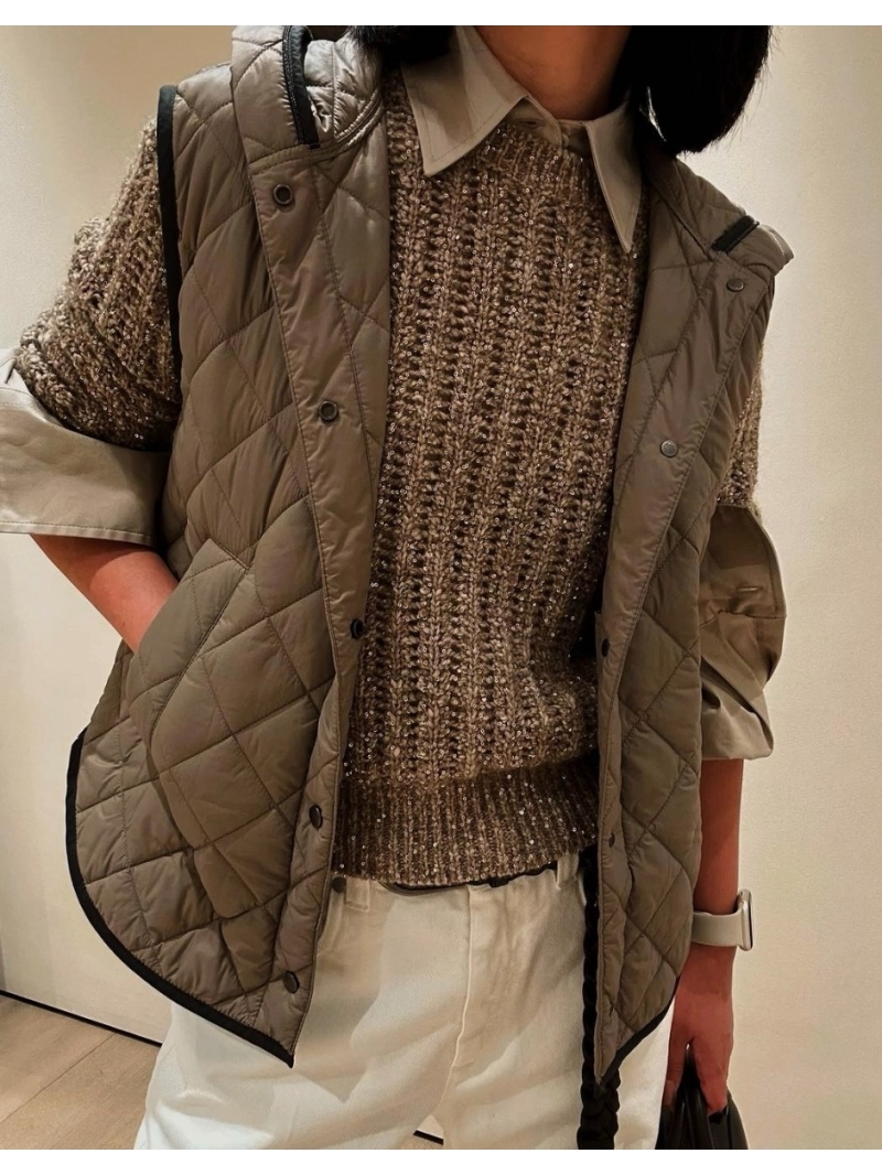 Brunello Cucinelli Diamond Quilted Hooded Vest in Caramel – Exclusive Luxe Outerwear