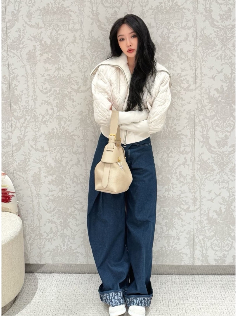 Dior High-Waisted Asymmetric Wrap Wide-Leg Denim Pants in Dark Blue with Logo Jacquard