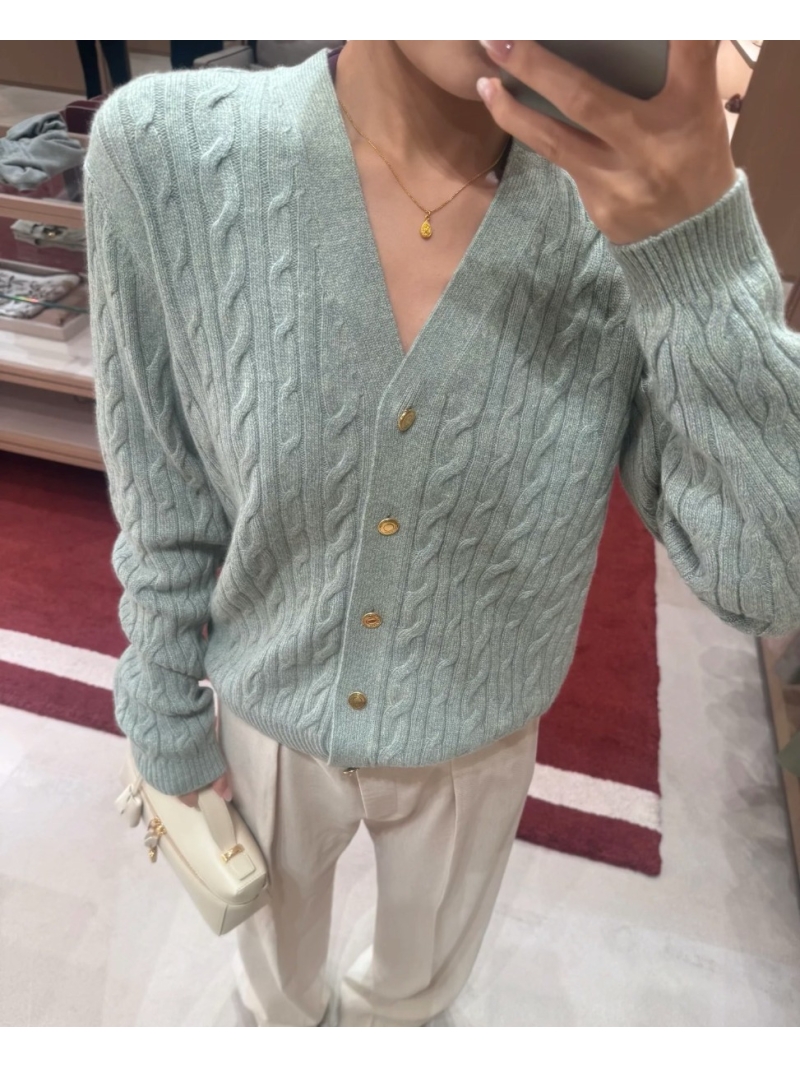 Loro Piana Luxe Cable Knit V-Neck Wool Cardigan in Mint Green