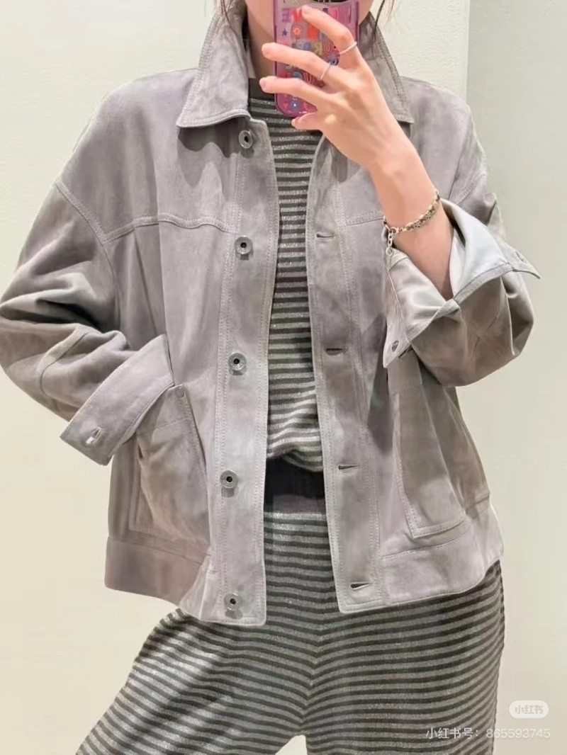 Brunello Cucinelli Suede Leather Moto Jacket – Exclusive Italian Luxury, Drop Shoulder, Copper Accents