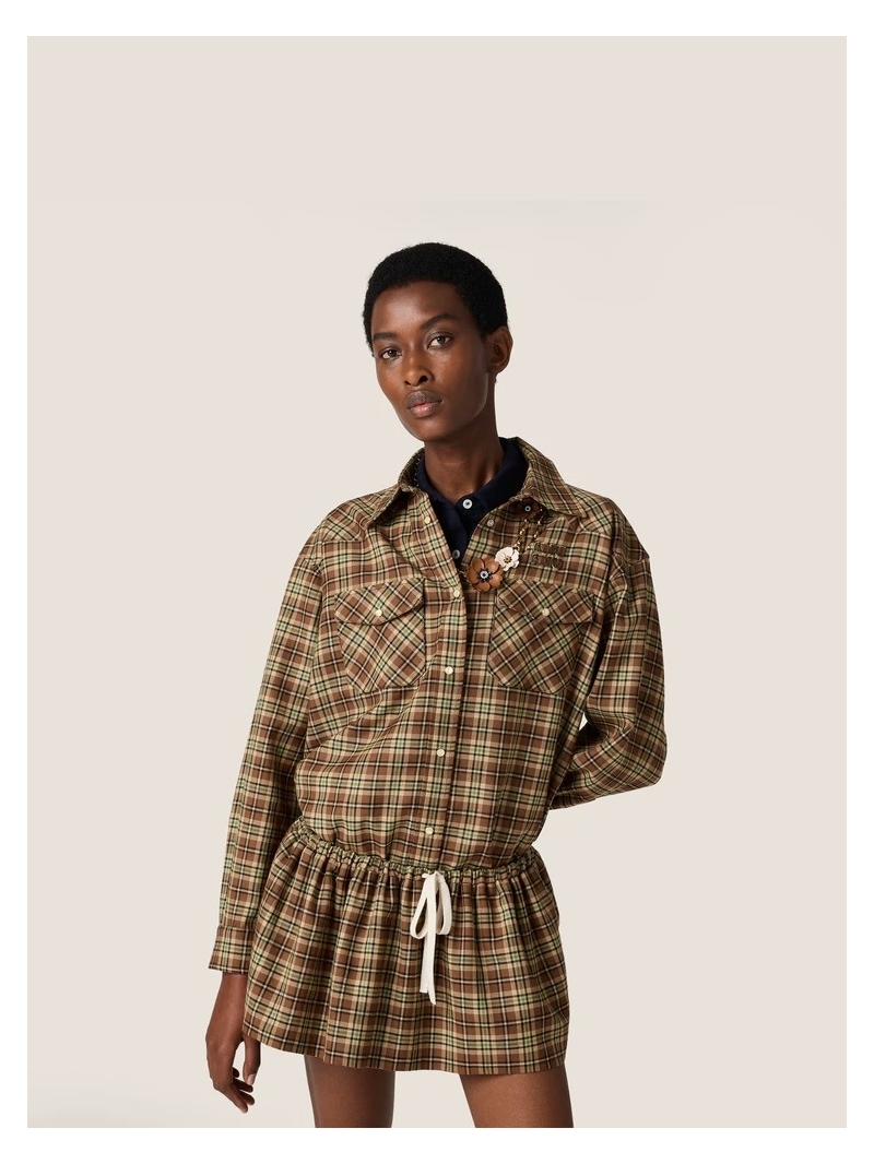 Miu Miu Women's Long Plaid Shirt Dress | Imported Wool Blend, Double Pocket Design, Tailored Fit