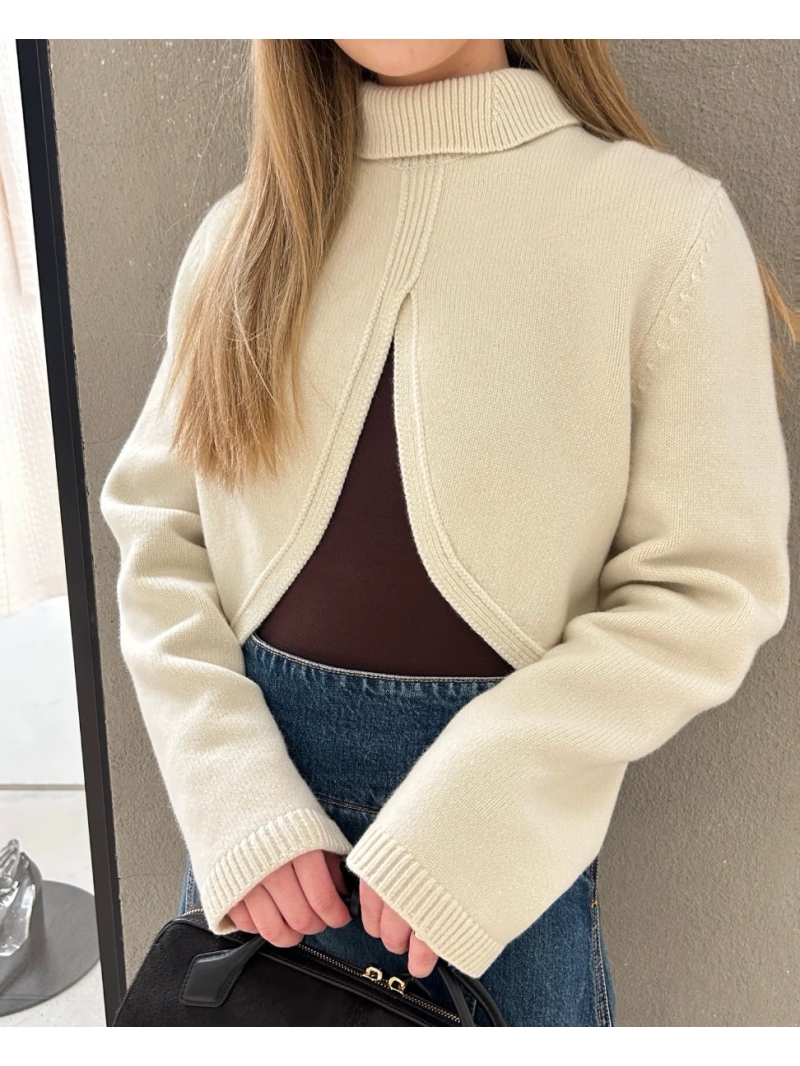 Alaia Women's Triangular-Cut Wool Knit Cardigan, High Neck Loose Fit, Sumptuous Imported Wool, Elegant & Versatile in Ivory and Beige