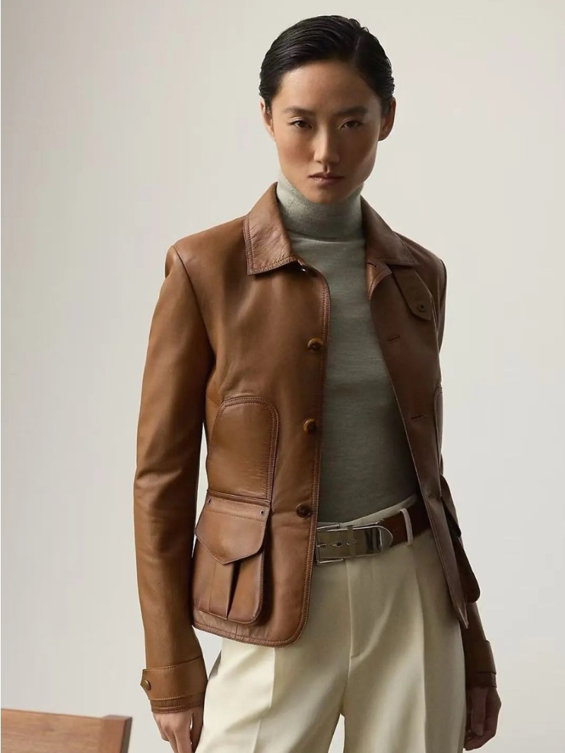 Ralph Lauren Purple Label Brown Lamb Leather Jacket – Artisan-Distressed, Slim-Fit Rider Style