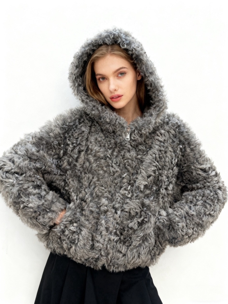 Loewe Toscana Lamb Fur Hooded Coat in Deep Gray | Artisan Leather Trim, Korean-Inspired Luxury Outerwear