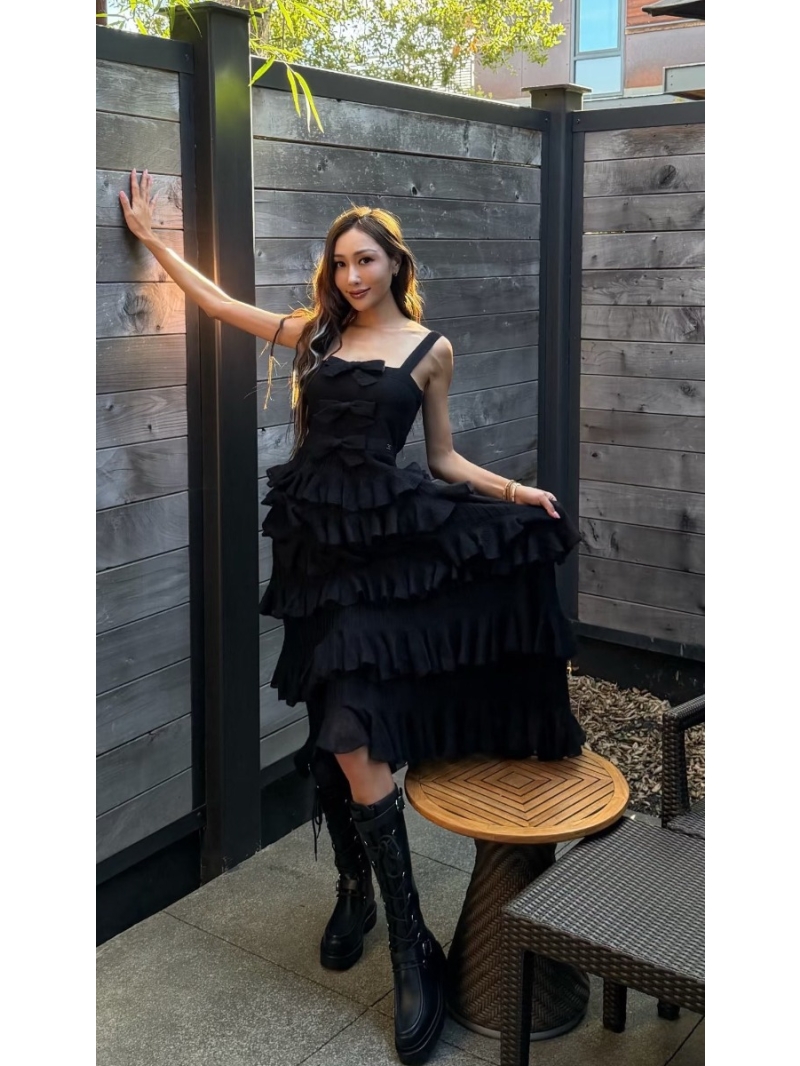 Chanel Coco25k Bow Series Black Princess Ruffled Tiered Cami Dress - Imported Yarn, French Court Style