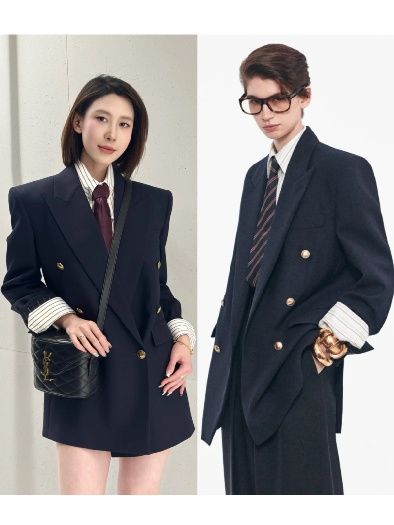 YSL Saint Laurent Double-Breasted Navy Blazer with Gold Buttons | Imported Wool | Tailored Fit