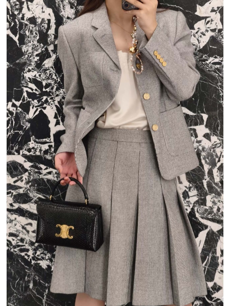 Celine High-Waisted Pleated Wool Skirt in Houndstooth, Elevated British Academic Style