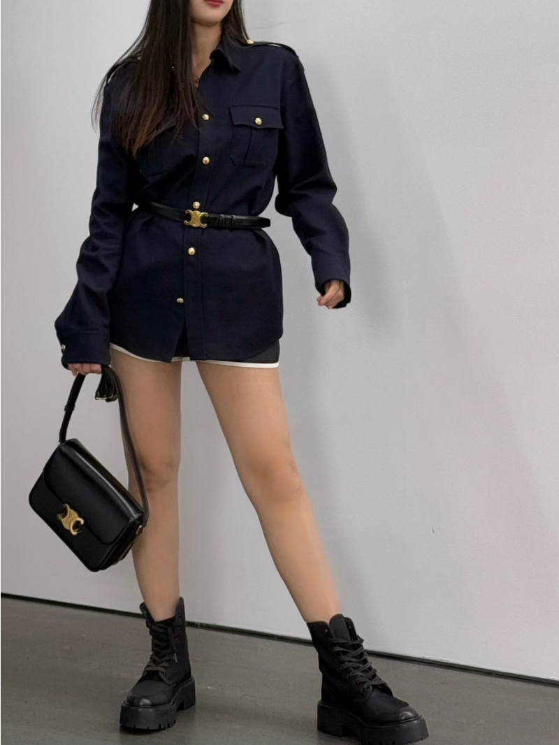 Celine Navy Blue Military Utility Shirt Jacket with Gold Triomphe Buttons