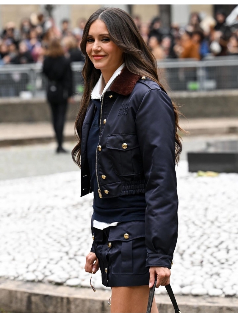 Miu Miu 25 Autumn/Winter Cropped Bomber Jacket & Skirt Set | Navy Blue with Faux Fur Collar | Gold-Tone Hardware | Matte Satin Nylon