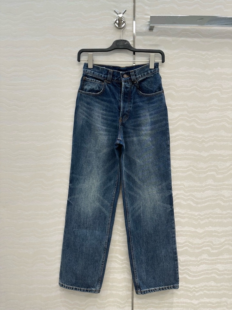 Celine 26SS Dark Blue Vintage Washed Denim Jeans | Custom Cat Claw Wash & Red Stitching | High-Waisted Wide Leg