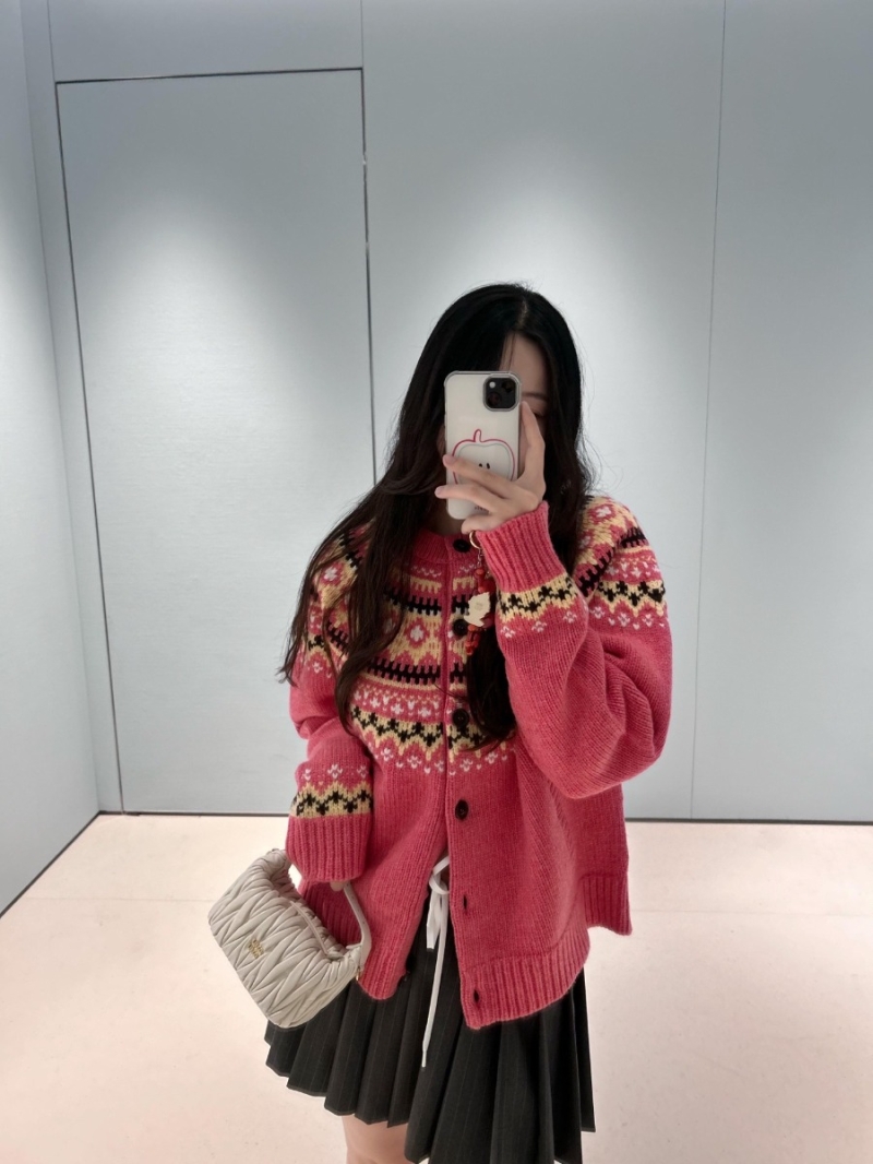 Miu Miu Fair Isle Knit Cardigan | 100% Wool | Nordic Geometric Pattern | Raspberry Pink