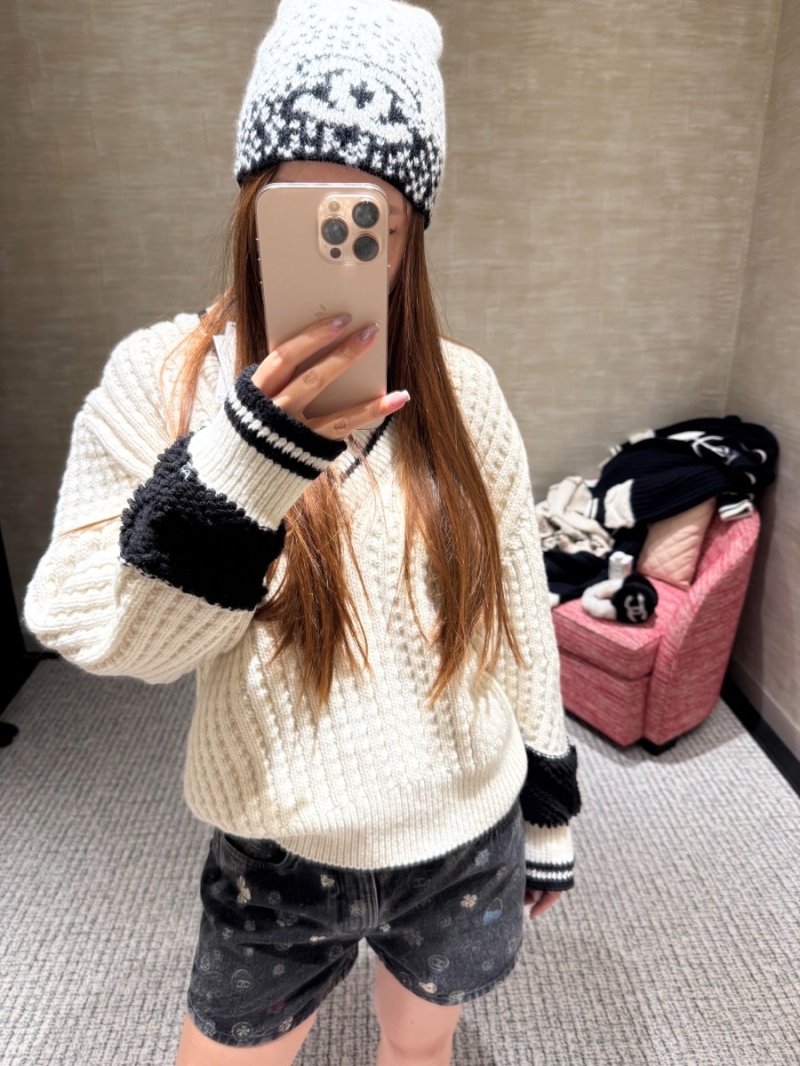 Chanel V-Neck Knit Sweater, Black and White Color-Block, Textured Ribbed Design, Collegiate-Inspired Luxury