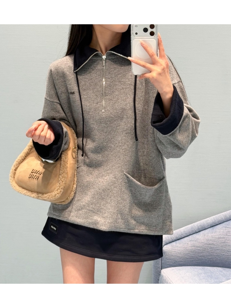 Miu Miu Oversized Half-Zip Cashmere Pullover in Heather Gray | Featherlight Goat Cashmere, Drop Shoulder, Relaxed Fit