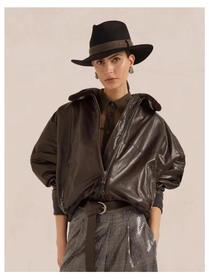 Brunello Cucinelli 100% Lambskin Leather Silk-Lined Bomber Jacket in Ebony Brown