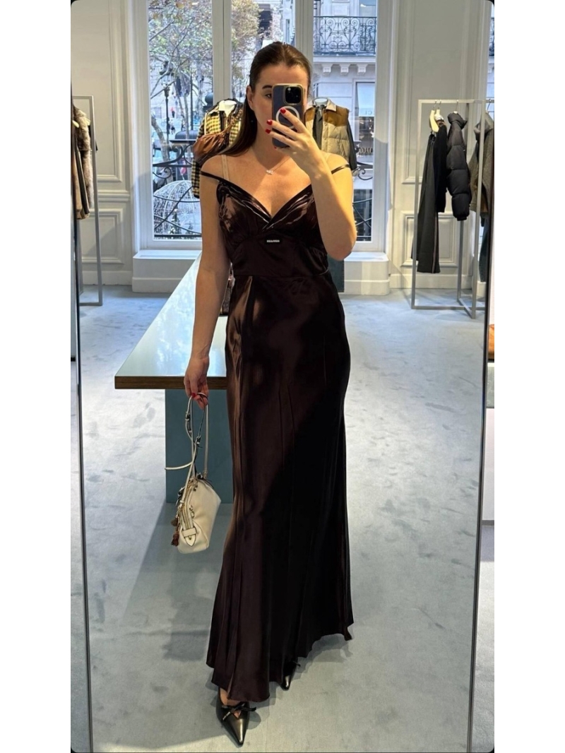 Miu Miu Bow-tie V-neck Satin Slip Maxi Dress in Espresso Brown