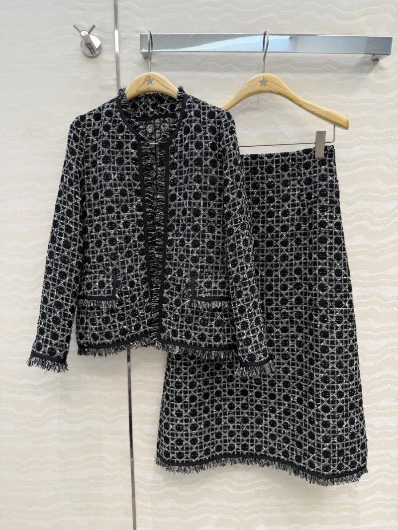 Dior Miss Dior Tweed Jacket with 100% Silk Lining, Rattan Lattice Pattern, Frayed Tassel Edging, Black and White