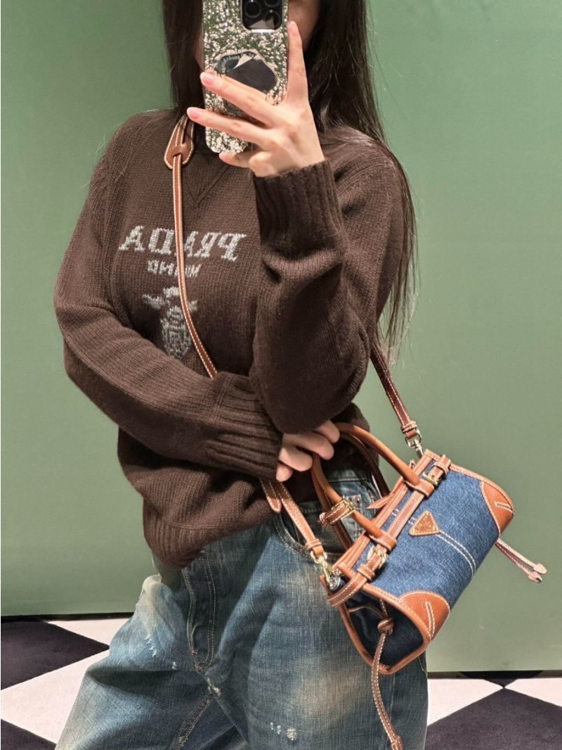 Prada Wool-Cashmere Blend Crewneck Sweater | Milano Crest Intarsia Knit in Espresso Brown