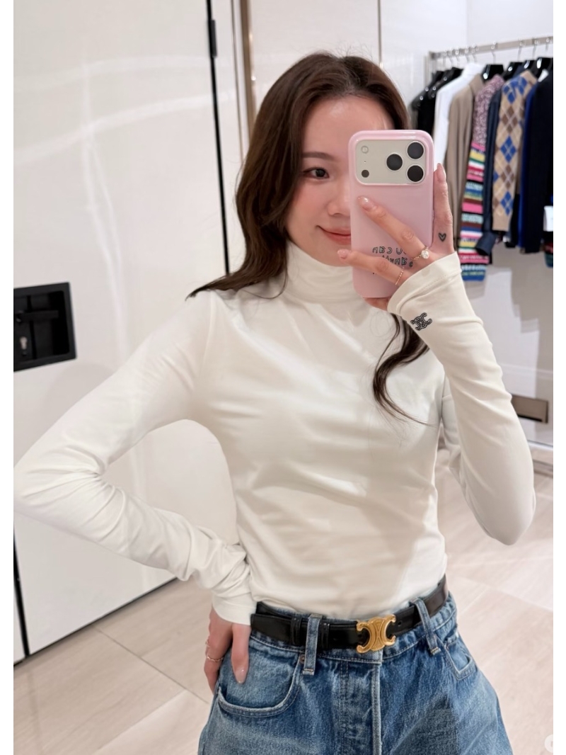 Celine Timeless Lyocell & Wool Blend Mock Neck Base Layer Top with Signature Arc Embroidery