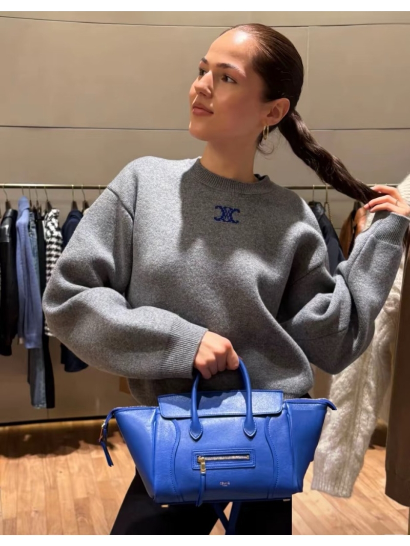 Celine Cashmere and Laine Wool Knit Sweater in Heather Grey and Royal Blue