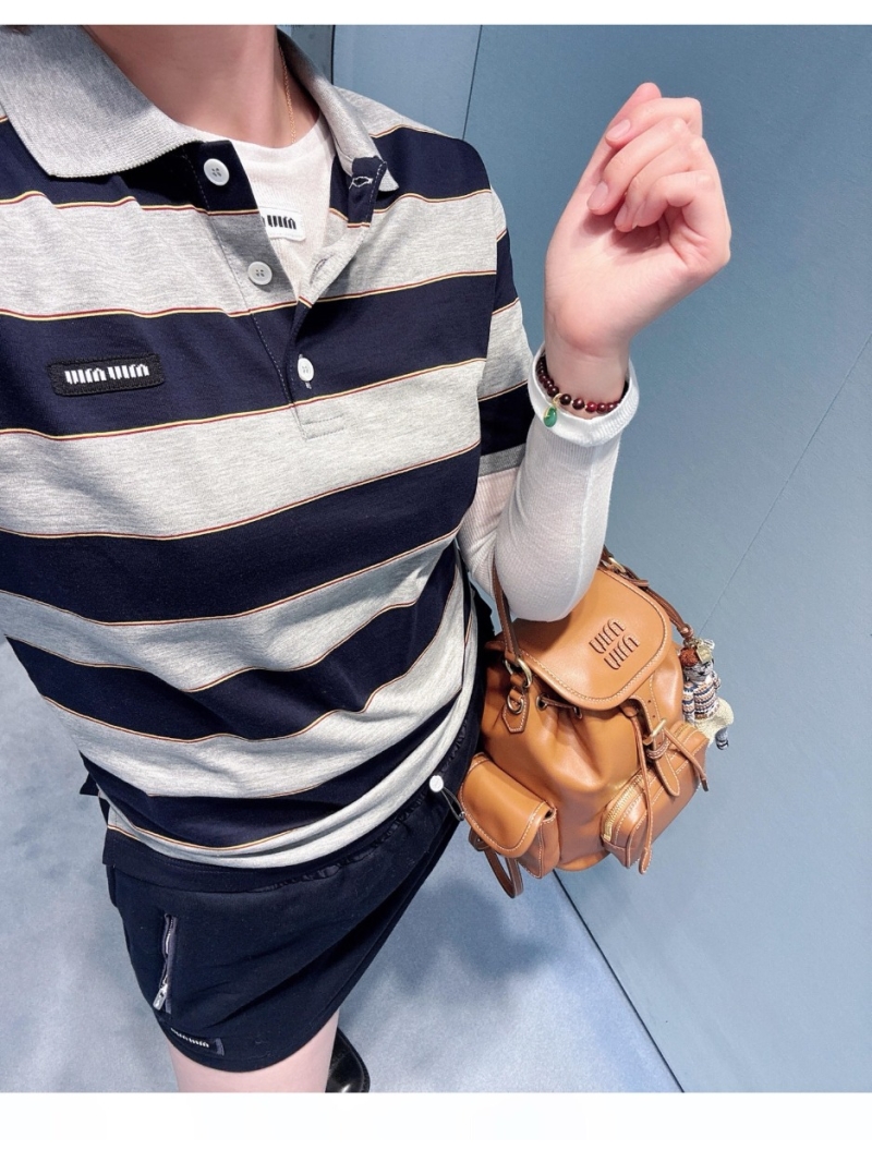 Miu Miu Striped Knit Polo Shirt in Navy Blue and Heather Gray