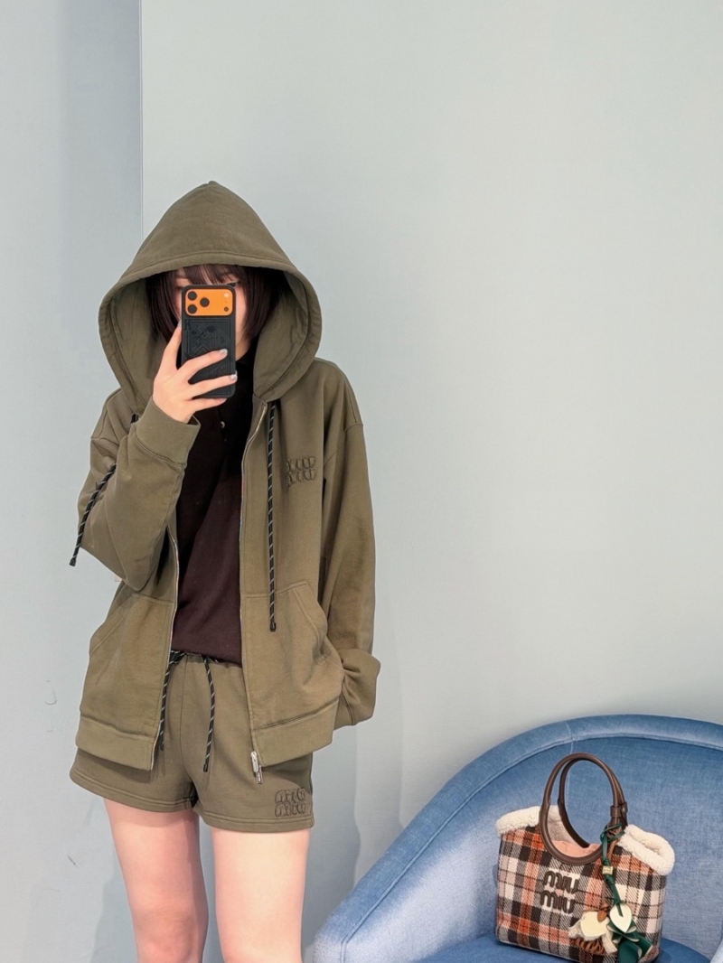 Miu Miu Olive Green Loose-Fit Zip-Up Hooded Sweatshirt - 26SS Early Spring Collection
